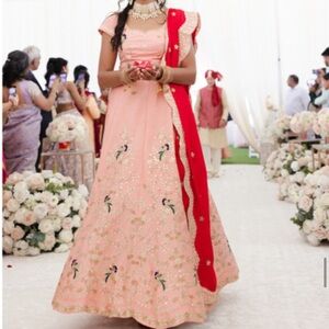 Elegant Embroidered Pink and Red Lehenga